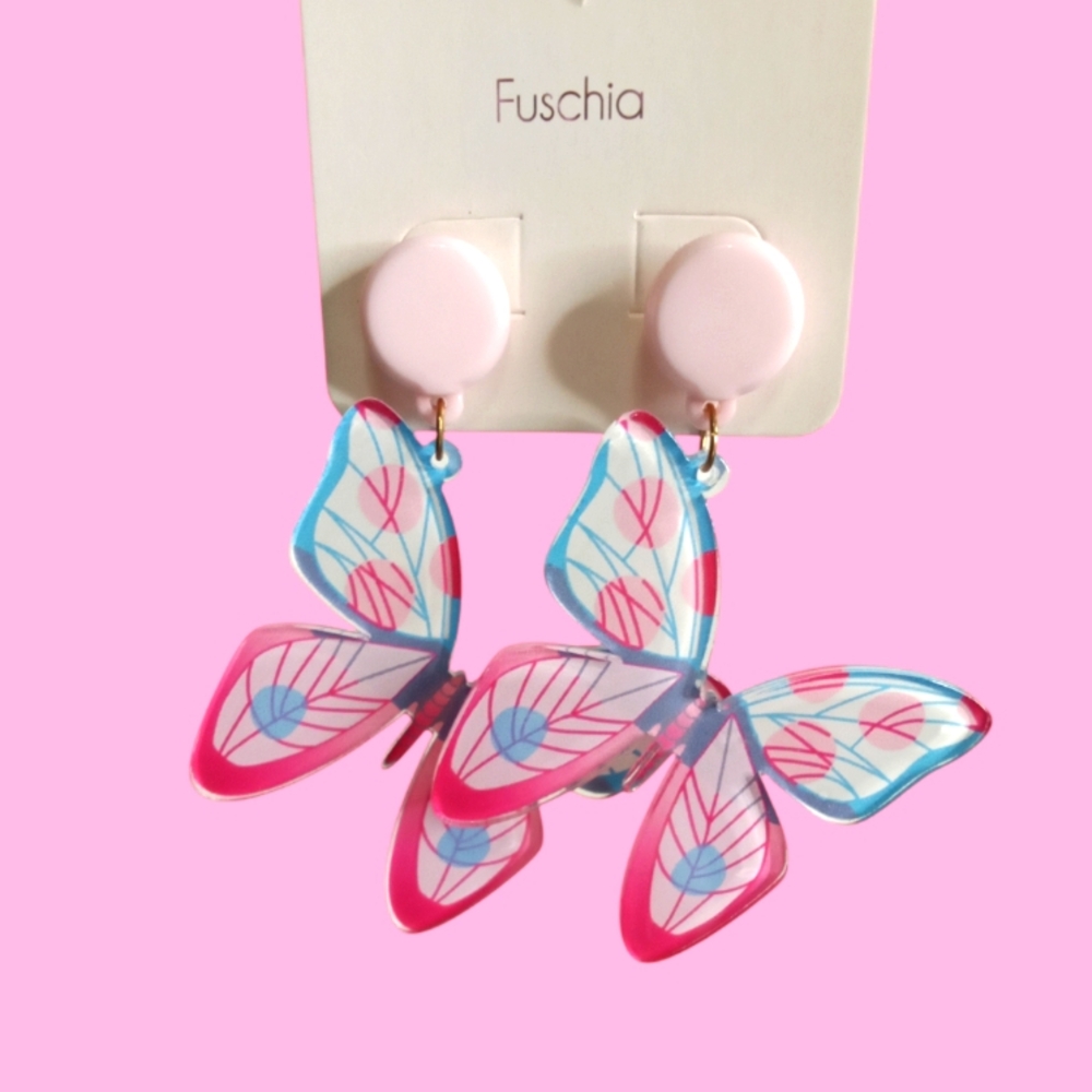 Pink Blue Butterfly Wing Dangle Earrings